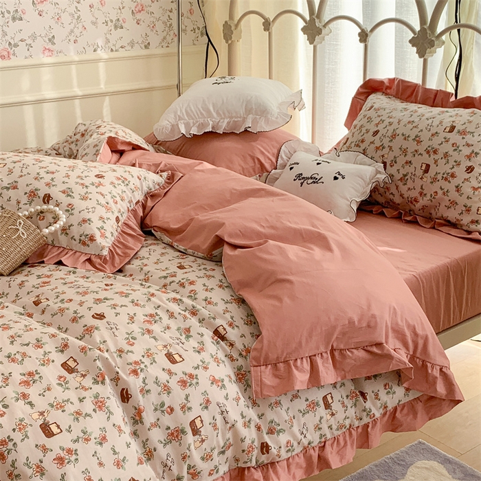 91家纺网 家纺一手货源 找家纺 昔可家纺 韩版对折褶皱花边全棉四件套ok 花蓝子兔兔