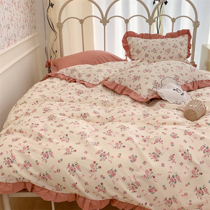 91家纺网 家纺一手货源 找家纺 昔可家纺 韩版对折褶皱花边全棉四件套ok 粉嫩小玫瑰