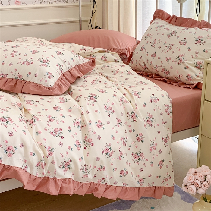 91家纺网 家纺一手货源 找家纺 昔可家纺 韩版对折褶皱花边全棉四件套ok 粉嫩小玫瑰