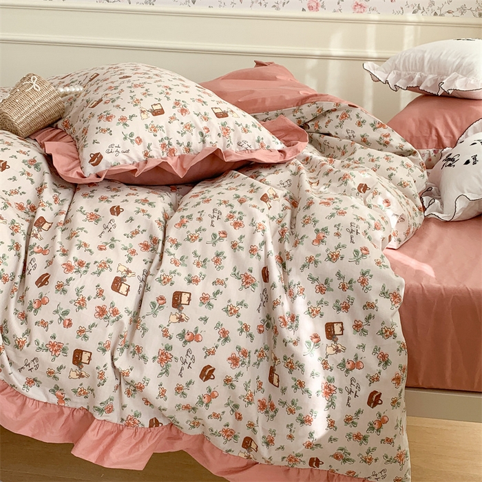 91家纺网 家纺一手货源 找家纺 昔可家纺 韩版对折褶皱花边全棉四件套ok 花蓝子兔兔