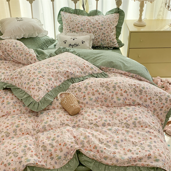 91家纺网 家纺一手货源 找家纺 昔可家纺 韩版对折褶皱花边全棉四件套ok 松鼠果园