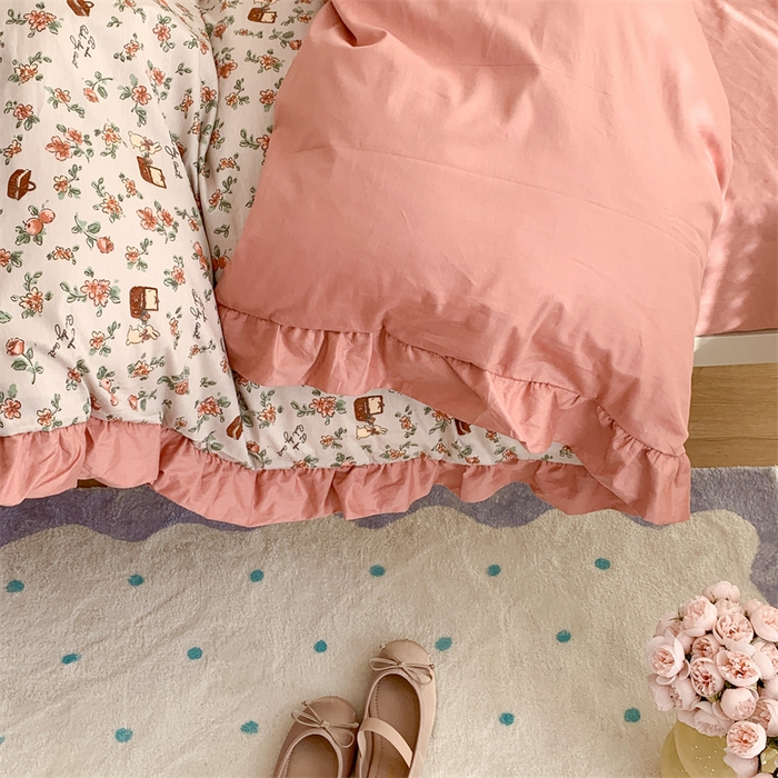 91家纺网 家纺一手货源 找家纺 昔可家纺 韩版对折褶皱花边全棉四件套ok 花蓝子兔兔