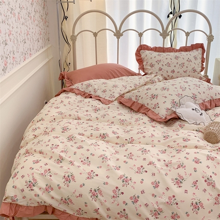 昔可家纺 韩版对折褶皱花边全棉四件套ok 粉嫩小玫瑰