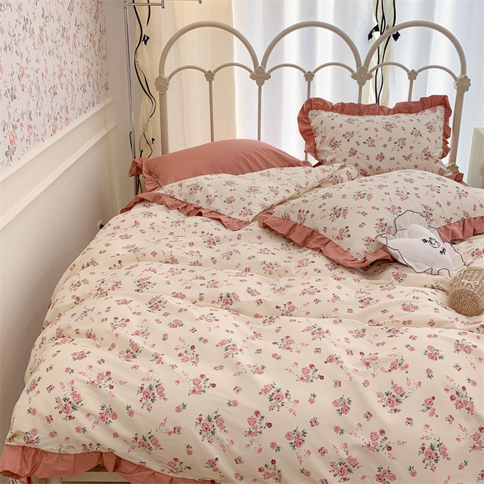 91家纺网 家纺一手货源 找家纺 昔可家纺 韩版对折褶皱花边全棉四件套ok 粉嫩小玫瑰