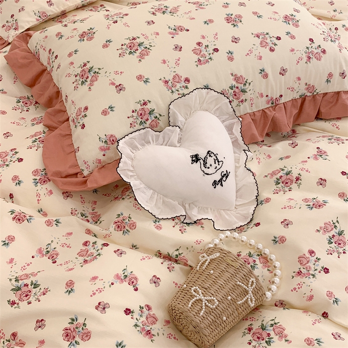 91家纺网 家纺一手货源 找家纺 昔可家纺 韩版对折褶皱花边全棉四件套ok 粉嫩小玫瑰