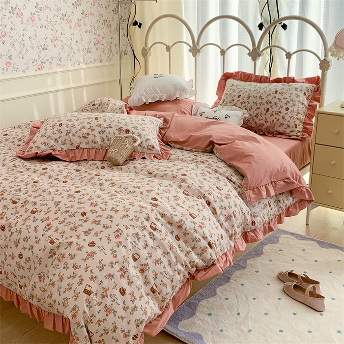 91家纺网 家纺一手货源 找家纺 昔可家纺 韩版对折褶皱花边全棉四件套ok 花蓝子兔兔