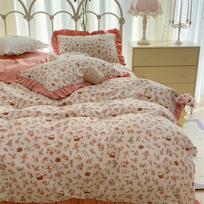 91家纺网 家纺一手货源 找家纺 昔可家纺 韩版对折褶皱花边全棉四件套ok 花蓝子兔兔