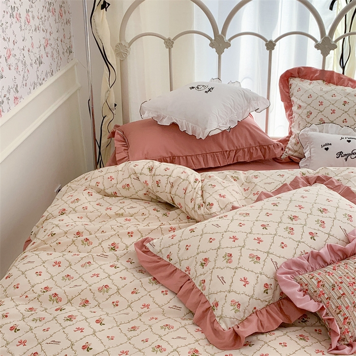 91家纺网 家纺一手货源 找家纺 昔可家纺 韩版对折褶皱花边全棉四件套ok 菱格蝴蝶结玫瑰