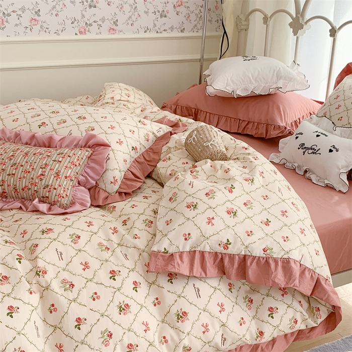 91家纺网 家纺一手货源 找家纺 昔可家纺 韩版对折褶皱花边全棉四件套ok 菱格蝴蝶结玫瑰