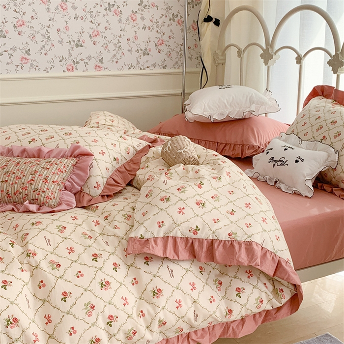 91家纺网 家纺一手货源 找家纺 昔可家纺 韩版对折褶皱花边全棉四件套ok 菱格蝴蝶结玫瑰