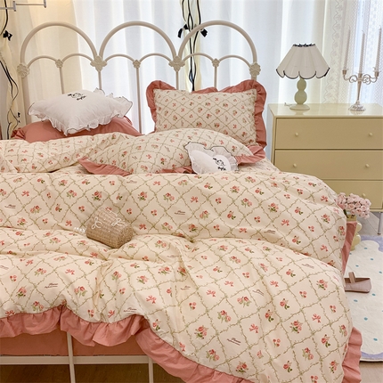 昔可家纺 韩版对折褶皱花边全棉四件套ok 菱格蝴蝶结玫瑰