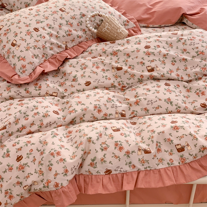 91家纺网 家纺一手货源 找家纺 昔可家纺 韩版对折褶皱花边全棉四件套ok 花蓝子兔兔