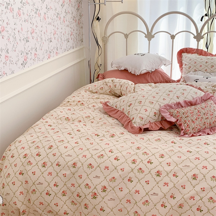 91家纺网 家纺一手货源 找家纺 昔可家纺 韩版对折褶皱花边全棉四件套ok 菱格蝴蝶结玫瑰