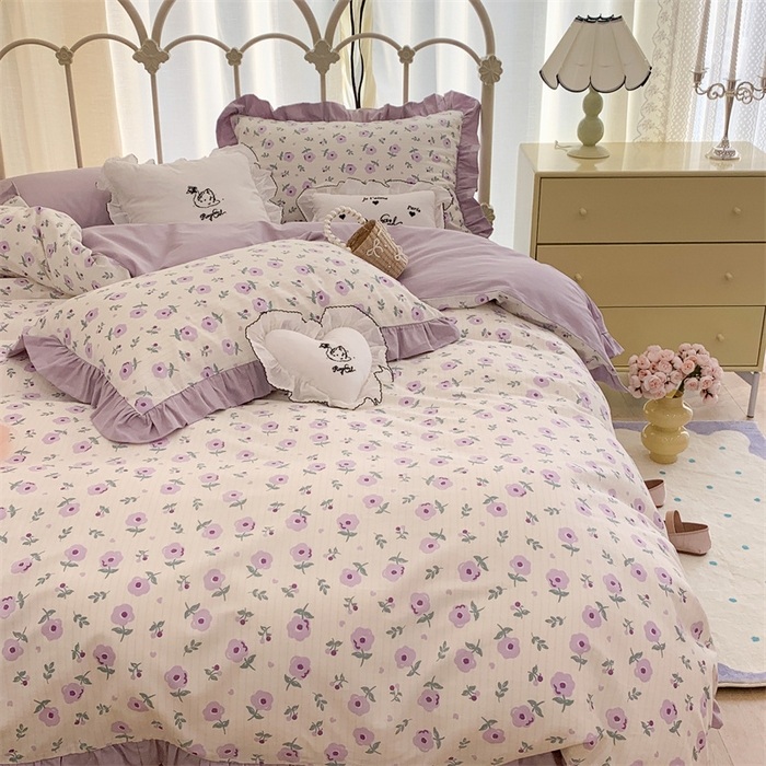 91家纺网 家纺一手货源 找家纺 昔可家纺 韩版对折褶皱花边全棉四件套ok 香草甜心紫