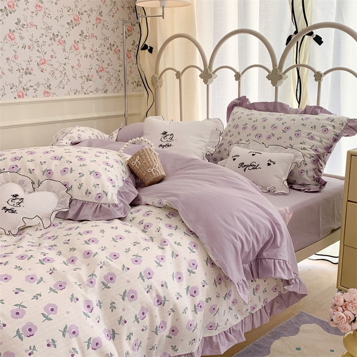 91家纺网 家纺一手货源 找家纺 昔可家纺 韩版对折褶皱花边全棉四件套ok 香草甜心紫