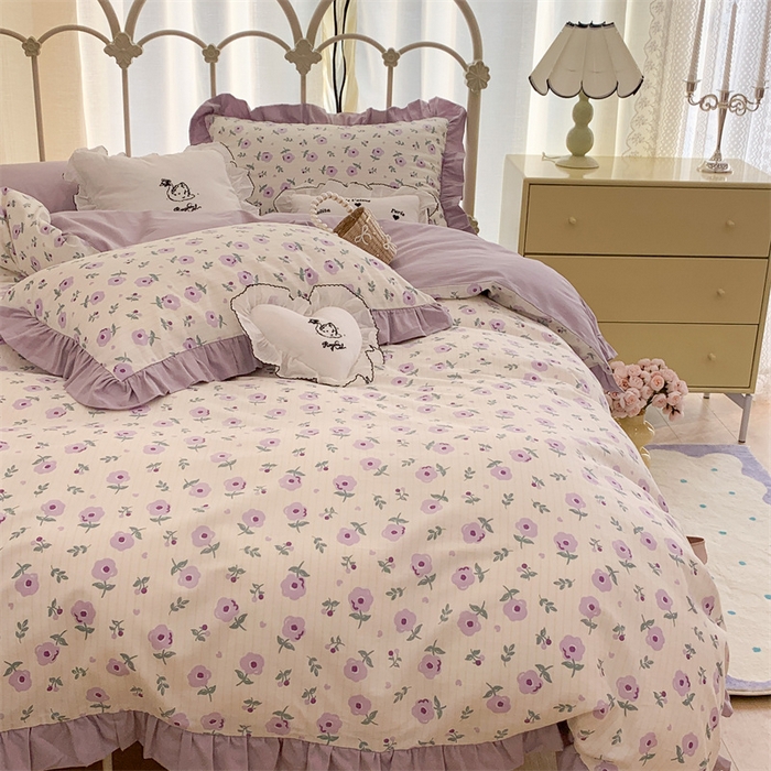 91家纺网 家纺一手货源 找家纺 昔可家纺 韩版对折褶皱花边全棉四件套ok 香草甜心紫