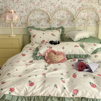 91家纺网 家纺一手货源 找家纺 昔可家纺 韩版对折褶皱花边全棉四件套ok 少女玫瑰