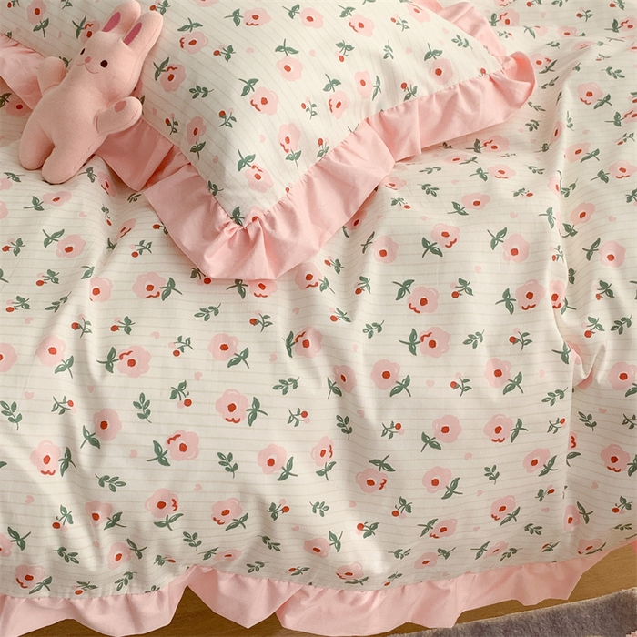 91家纺网 家纺一手货源 找家纺 昔可家纺 韩版对折褶皱花边全棉四件套ok 香草甜心粉