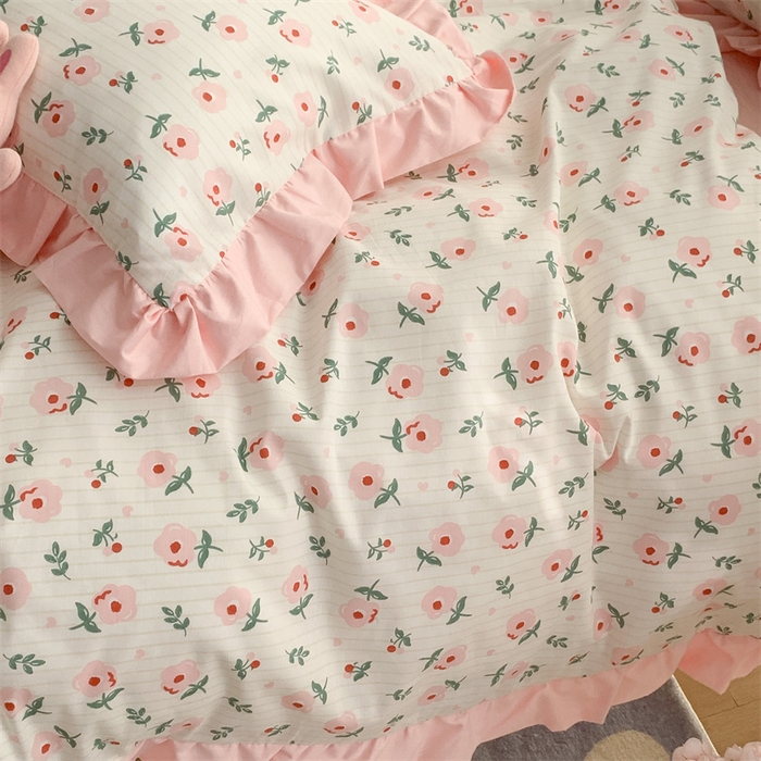 91家纺网 家纺一手货源 找家纺 昔可家纺 韩版对折褶皱花边全棉四件套ok 香草甜心粉