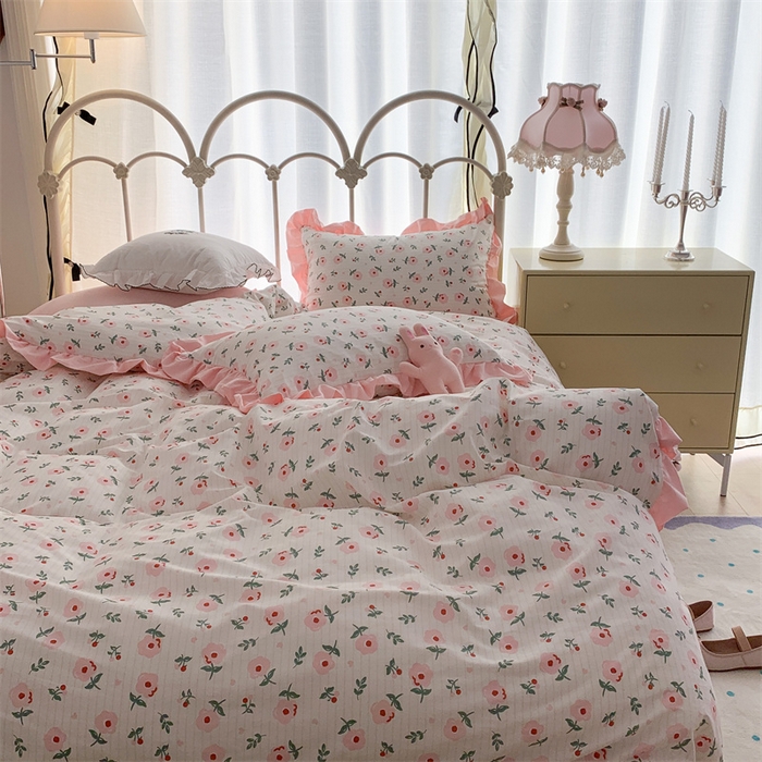 91家纺网 家纺一手货源 找家纺 昔可家纺 韩版对折褶皱花边全棉四件套ok 香草甜心粉