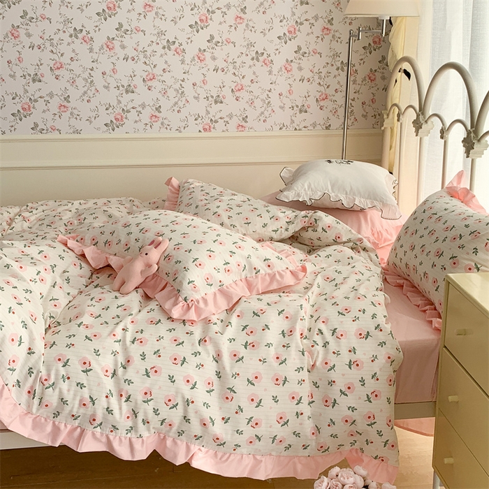 91家纺网 家纺一手货源 找家纺 昔可家纺 韩版对折褶皱花边全棉四件套ok 香草甜心粉