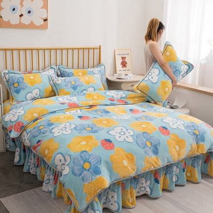 登登家纺 加厚印花牛奶金貂法莱宝宝绒四件套 向阳花开