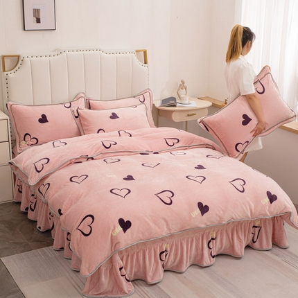 登登家纺 加厚印花牛奶金貂法莱宝宝绒四件套 心心相恋