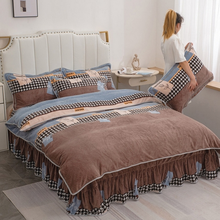 登登家纺 加厚印花牛奶金貂法莱宝宝绒四件套 香槟爱恋