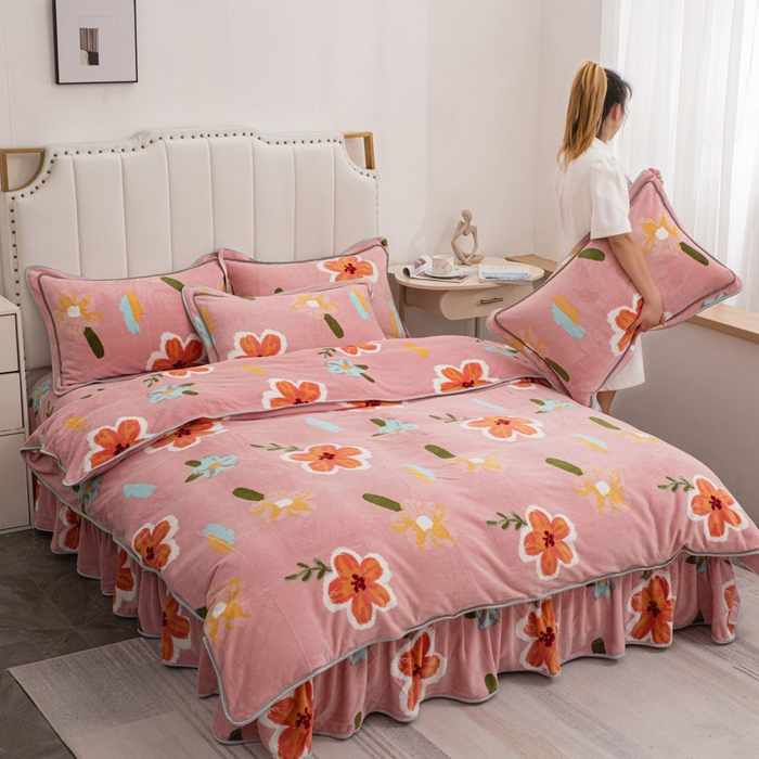 91家纺网 家纺一手货源 找家纺 登登家纺 加厚印花牛奶金貂法莱宝宝绒四件套  花团锦簇