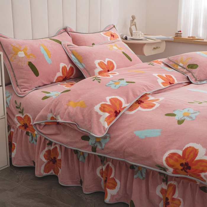 91家纺网 家纺一手货源 找家纺 登登家纺 加厚印花牛奶金貂法莱宝宝绒四件套  花团锦簇