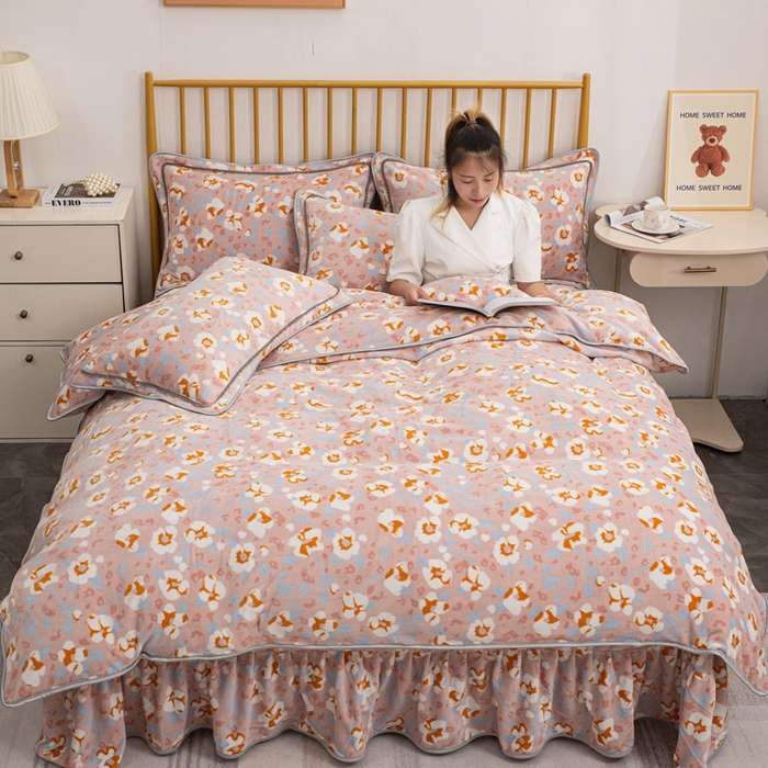 91家纺网 家纺一手货源 找家纺 登登家纺 加厚印花牛奶金貂法莱宝宝绒四件套  繁花似锦