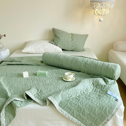 网客家纺 2024新款全棉绗缝夏被床盖三件套 熊熊绿