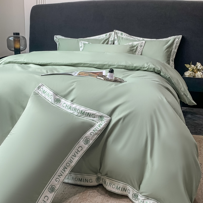 91家纺网 家纺一手货源 找家纺 梧桐家居 2023新款13372全棉刺绣宽边四件套-秀色系列 薄荷绿