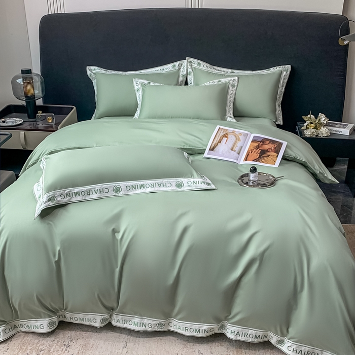 91家纺网 家纺一手货源 找家纺 梧桐家居 2023新款13372全棉刺绣宽边四件套-秀色系列 薄荷绿