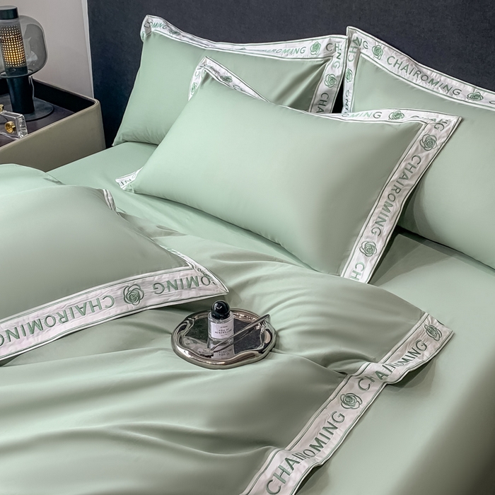 91家纺网 家纺一手货源 找家纺 梧桐家居 2023新款13372全棉刺绣宽边四件套-秀色系列 薄荷绿