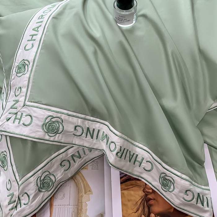 91家纺网 家纺一手货源 找家纺 梧桐家居 2023新款13372全棉刺绣宽边四件套-秀色系列 薄荷绿