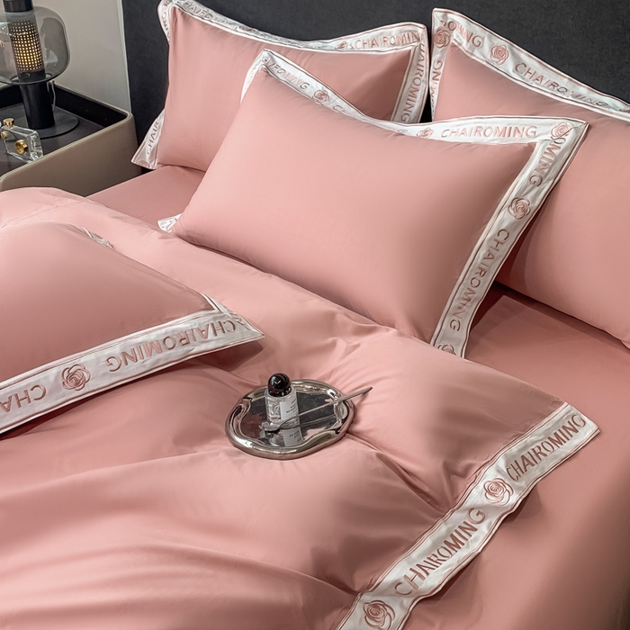 91家纺网 家纺一手货源 找家纺 梧桐家居 2023新款13372全棉刺绣宽边四件套-秀色系列 豆沙