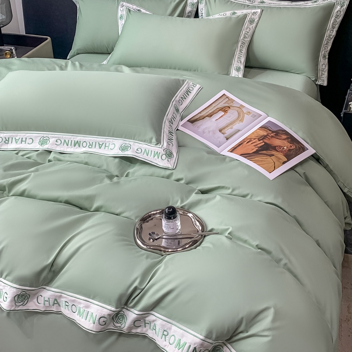 91家纺网 家纺一手货源 找家纺 梧桐家居 2023新款13372全棉刺绣宽边四件套-秀色系列 薄荷绿