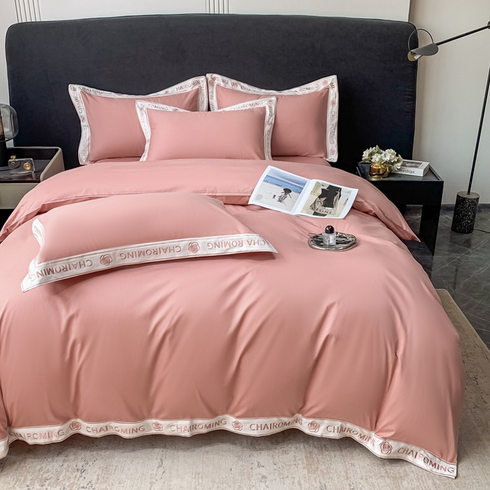 91家纺网 家纺一手货源 找家纺 梧桐家居 2023新款13372全棉刺绣宽边四件套-秀色系列 豆沙