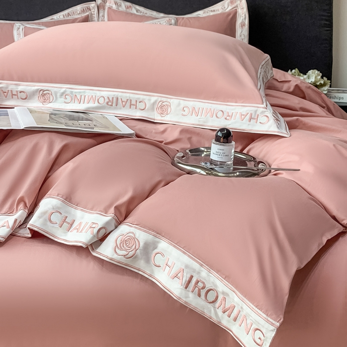 91家纺网 家纺一手货源 找家纺 梧桐家居 2023新款13372全棉刺绣宽边四件套-秀色系列 豆沙