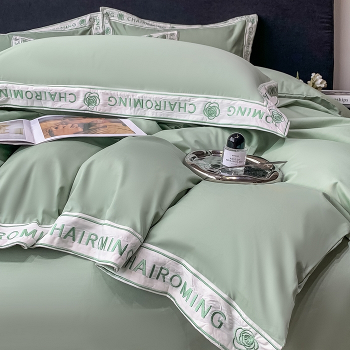 91家纺网 家纺一手货源 找家纺 梧桐家居 2023新款13372全棉刺绣宽边四件套-秀色系列 薄荷绿