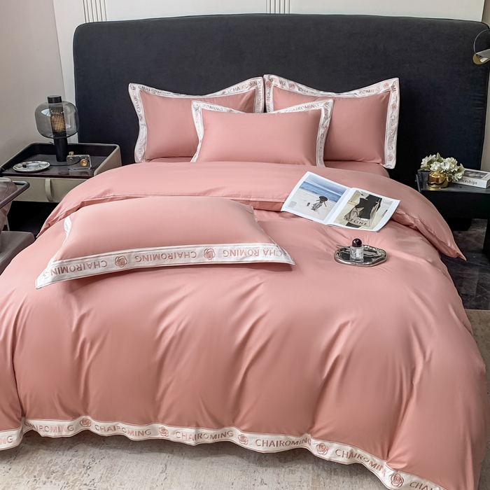 91家纺网 家纺一手货源 找家纺 梧桐家居 2023新款13372全棉刺绣宽边四件套-秀色系列 豆沙