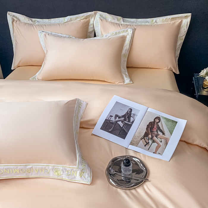 91家纺网 家纺一手货源 找家纺 梧桐家居 2023新款13372全棉刺绣宽边四件套-秀色系列 香槟金