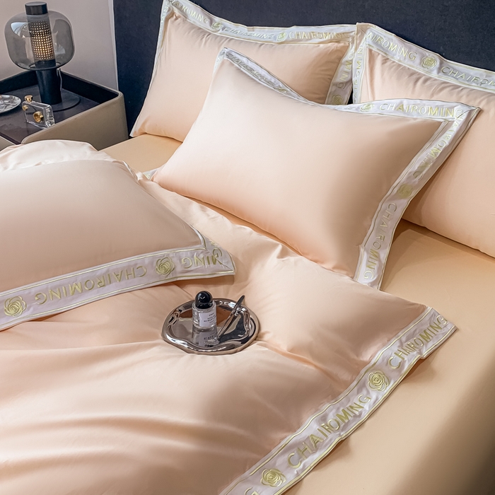 91家纺网 家纺一手货源 找家纺 梧桐家居 2023新款13372全棉刺绣宽边四件套-秀色系列 香槟金