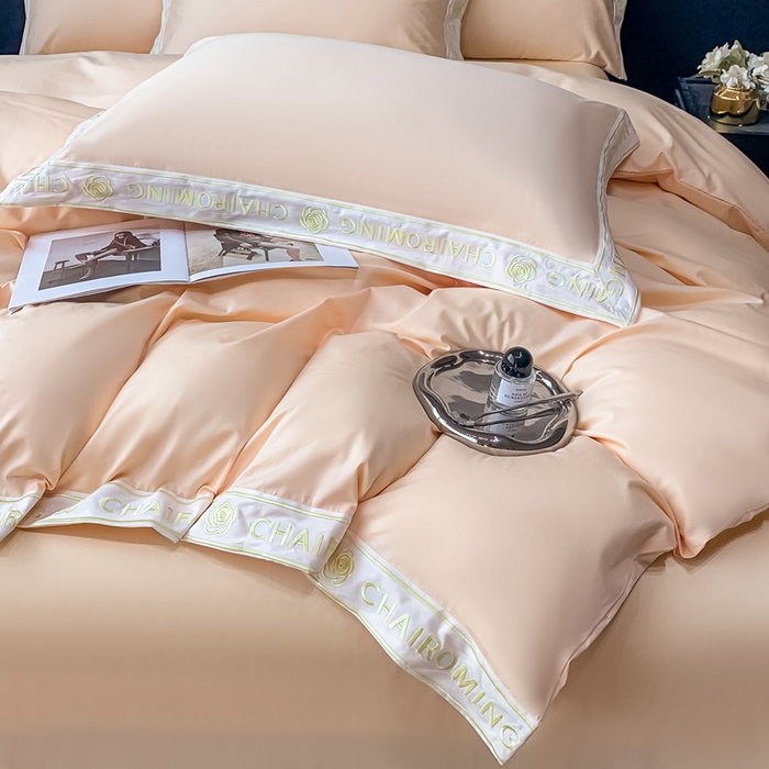 91家纺网 家纺一手货源 找家纺 梧桐家居 2023新款13372全棉刺绣宽边四件套-秀色系列 香槟金