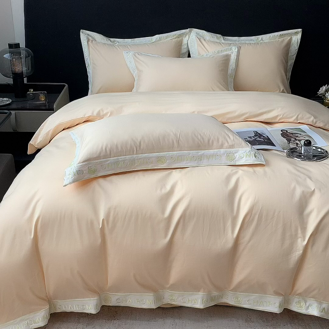 91家纺网 家纺一手货源 找家纺 梧桐家居 2023新款13372全棉刺绣宽边四件套-秀色系列 香槟金