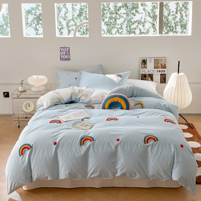 91家纺网 家纺一手货源 找家纺 慕尚家纺 2025新款全棉水洗棉毛巾绣四件套 彩虹-蓝白