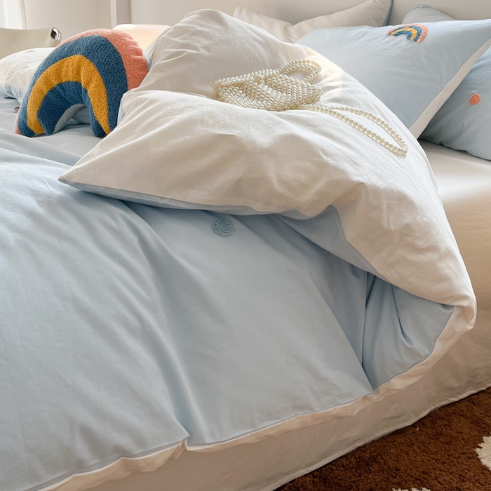 91家纺网 家纺一手货源 找家纺 慕尚家纺 2025新款全棉水洗棉毛巾绣四件套 彩虹-蓝白