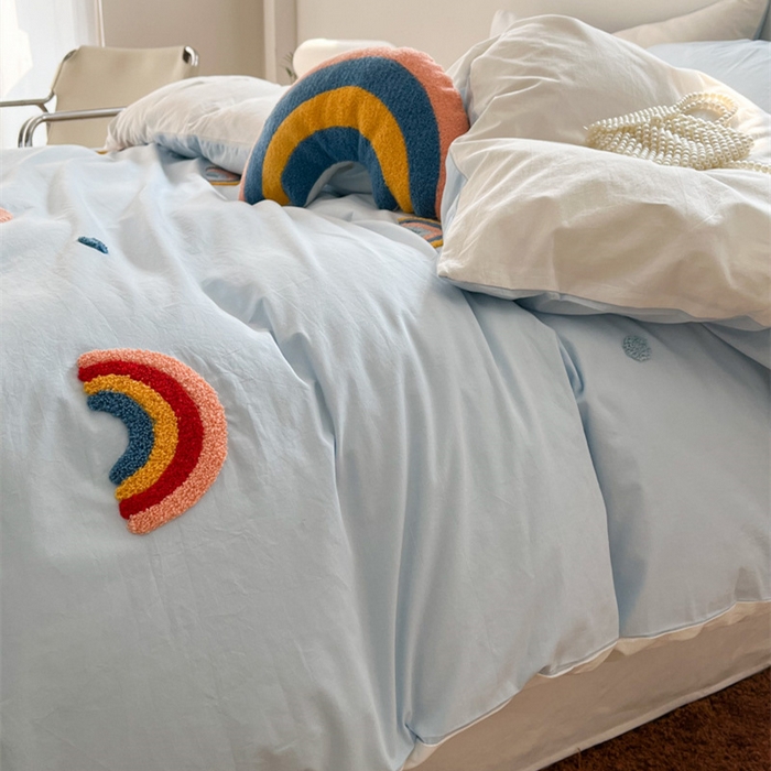 91家纺网 家纺一手货源 找家纺 慕尚家纺 2025新款全棉水洗棉毛巾绣四件套 彩虹-蓝白