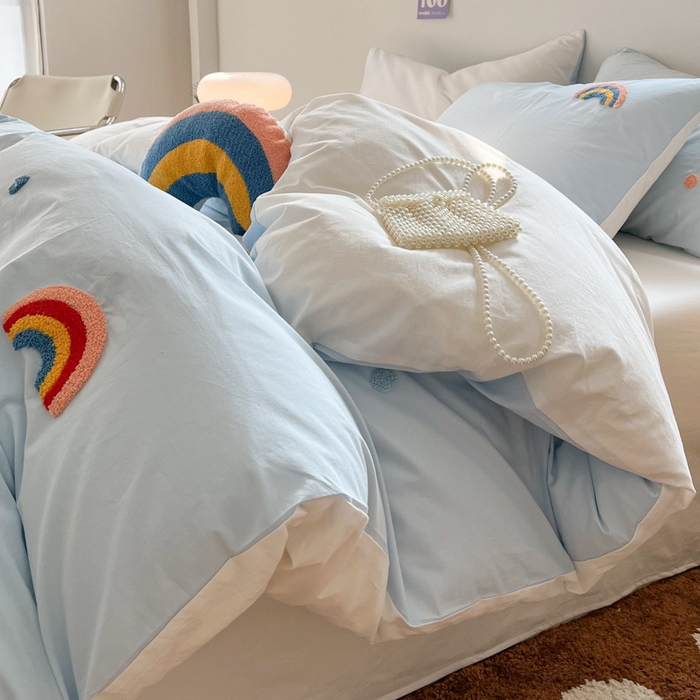 91家纺网 家纺一手货源 找家纺 慕尚家纺 2025新款全棉水洗棉毛巾绣四件套 彩虹-蓝白